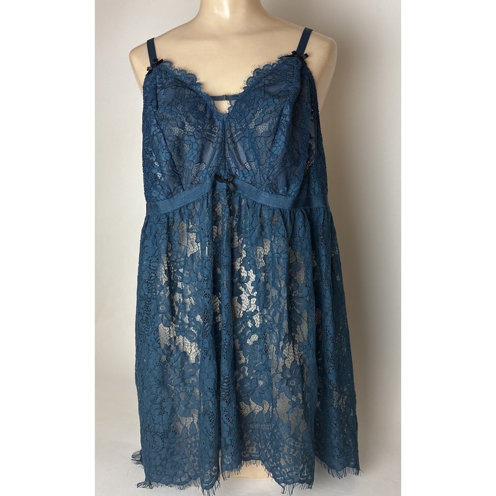 Cacique Teal Blue Floral Babydoll Lingerie Lace Mini Dress Size 18/20 plus thong